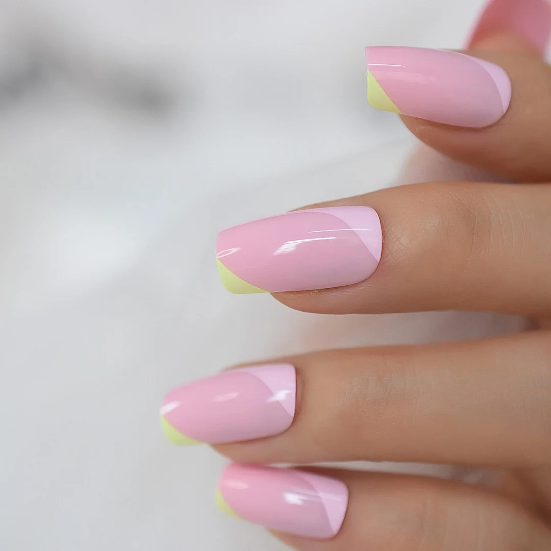 Pink Press On Nails Medium Square Glossy Mixed Color Fake Nails Art Tips Full Cover Gloss Gel Nail Design-Nail Inspo