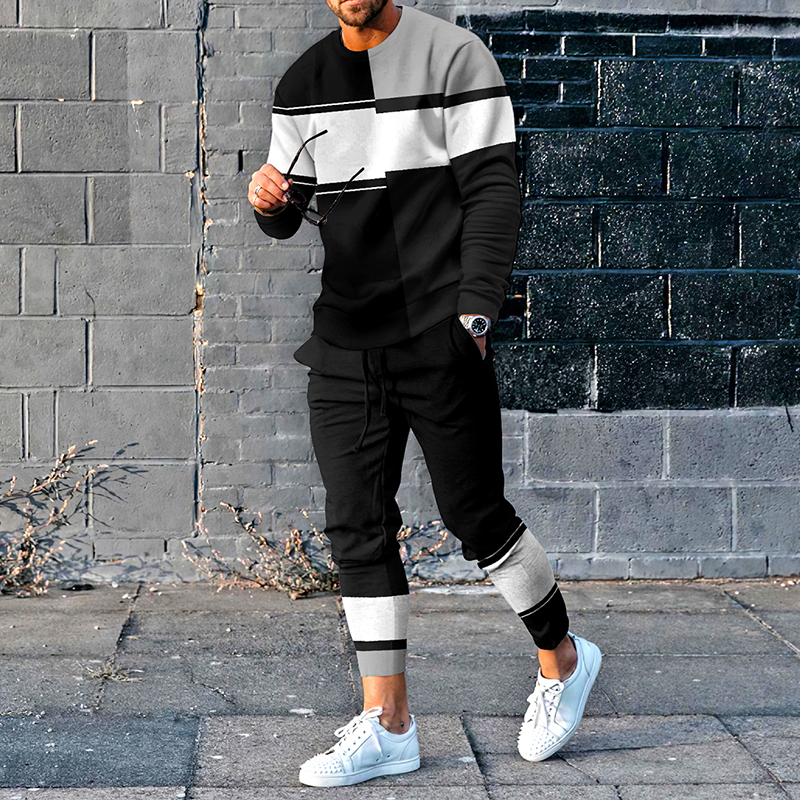 Casual Geometric Contrasting Colors Tracksuit Two Piece Set