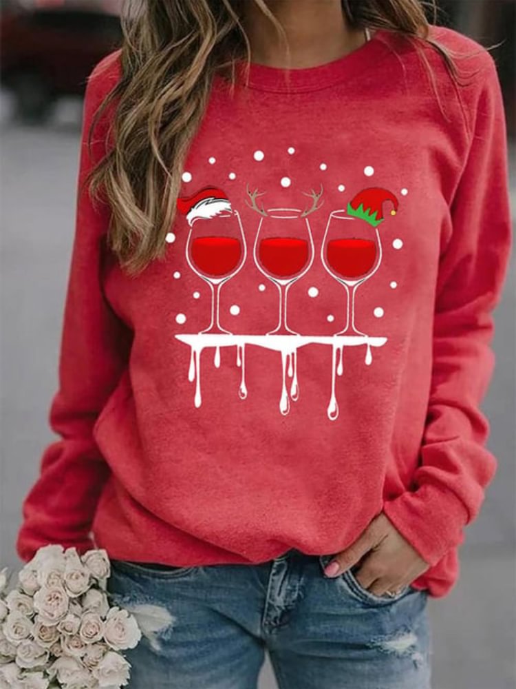 Vefave Fashion Wine Glass Print Long Sleeve Sweatshirt