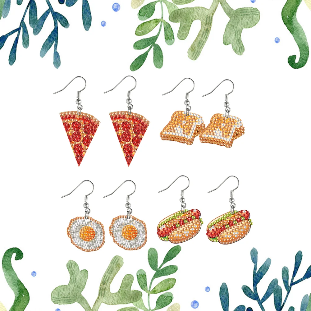 4 Pairs Food Double Sided Diamond Painting Earrings DIY Earrings Making Kit