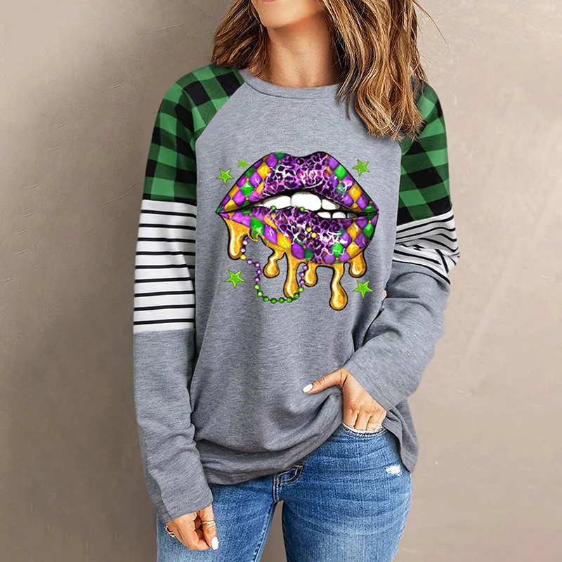 Mardi Gras Lip Graphic Striped Plaid T-Shirt