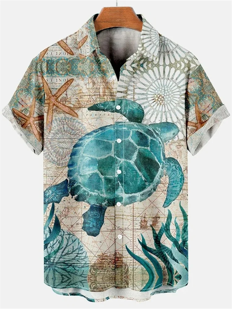 Comstylish Turtle Print Hawaiian Short Sleeve Shirt