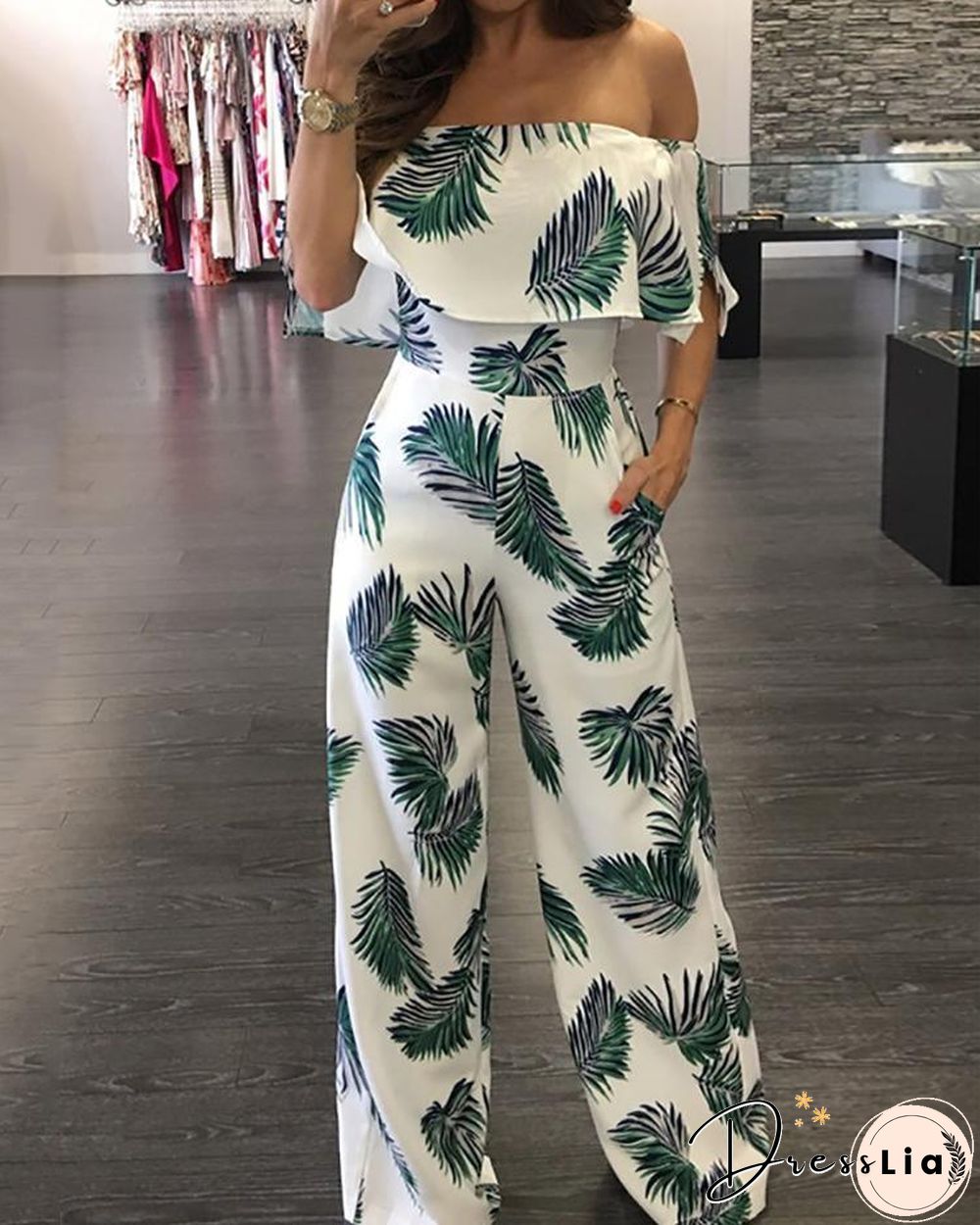 Fashion Print Frilled Off Shoulder Flared Jumpsuit P11647