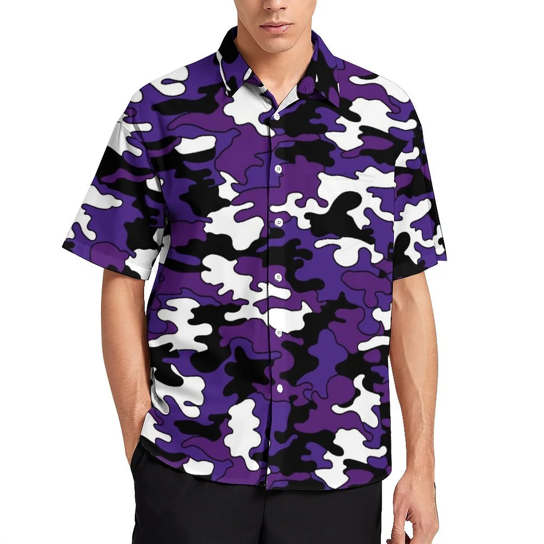Purple Camo Women and Men Hawaiian Shirt Unisex Button Down Matching Aloha Beach Blouse