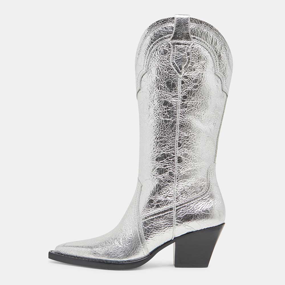 Silver Vegan Leather Distressed Block Heel Mid-Calf Cowgirl Boots Nicepairs