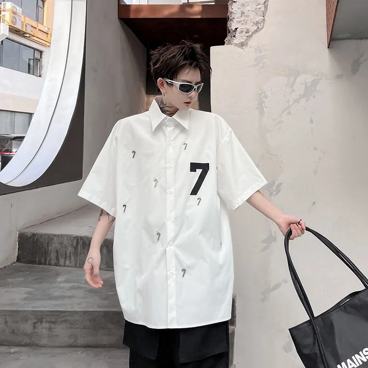Dawfashion Techwear Streetwear-Summer Digital Print Hand-stitched Metal Pendant Loose Short Sleeve Shirts-Streetfashion-Darkwear-Techwear