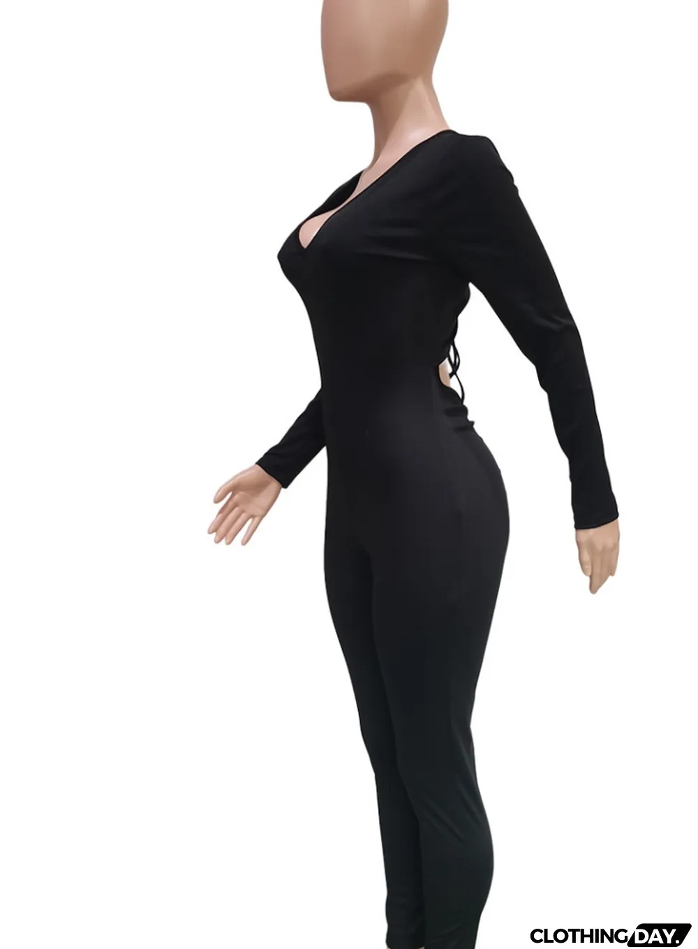 Spring Black Sexy Cut Out Scrunch Long Sleeve Party Jumpsuit