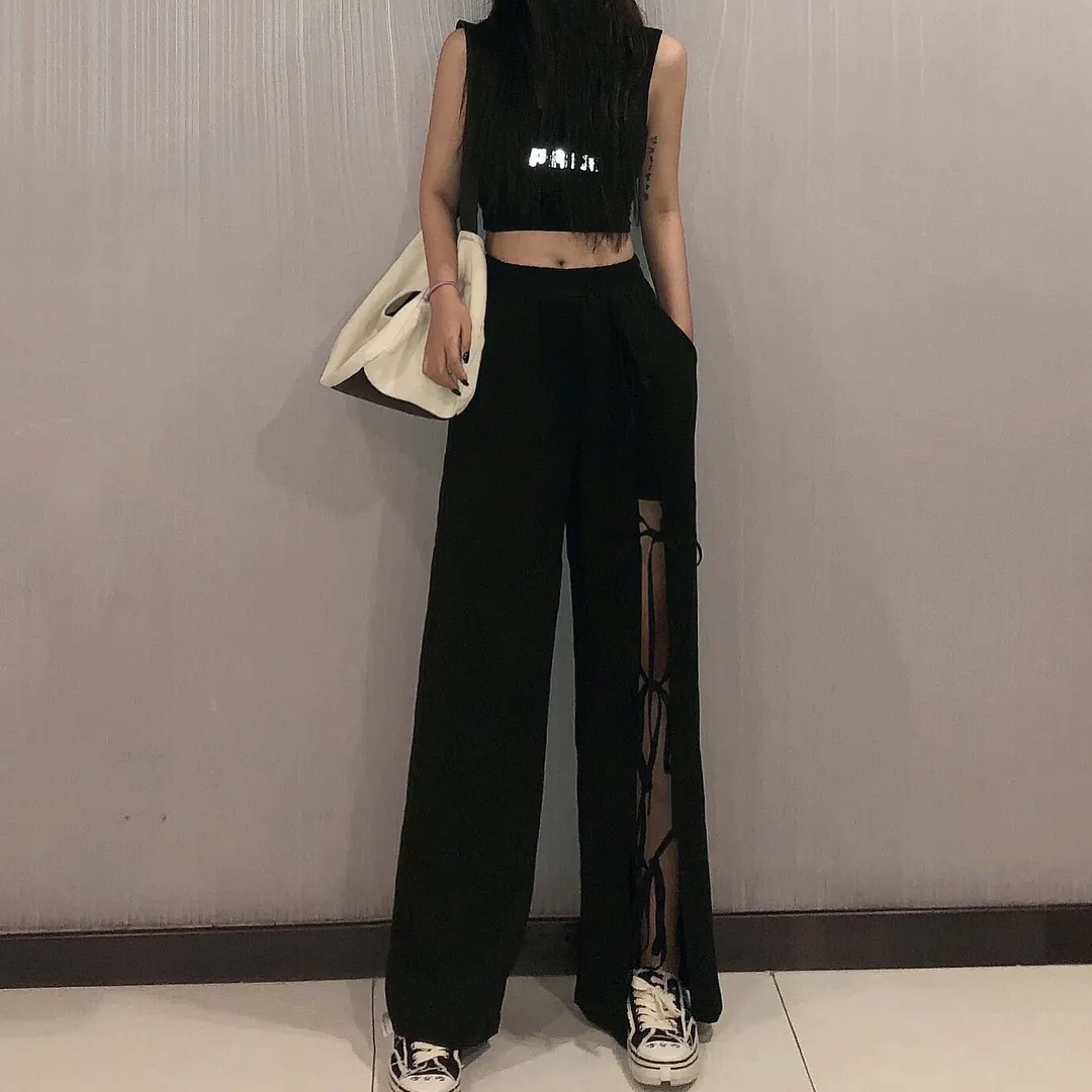 Casual Pants Women Wide Leg Loose Drape Lace Up Designed Mopping Leisure Slit Streetwear Female Autumn Korean Style Casual Chic