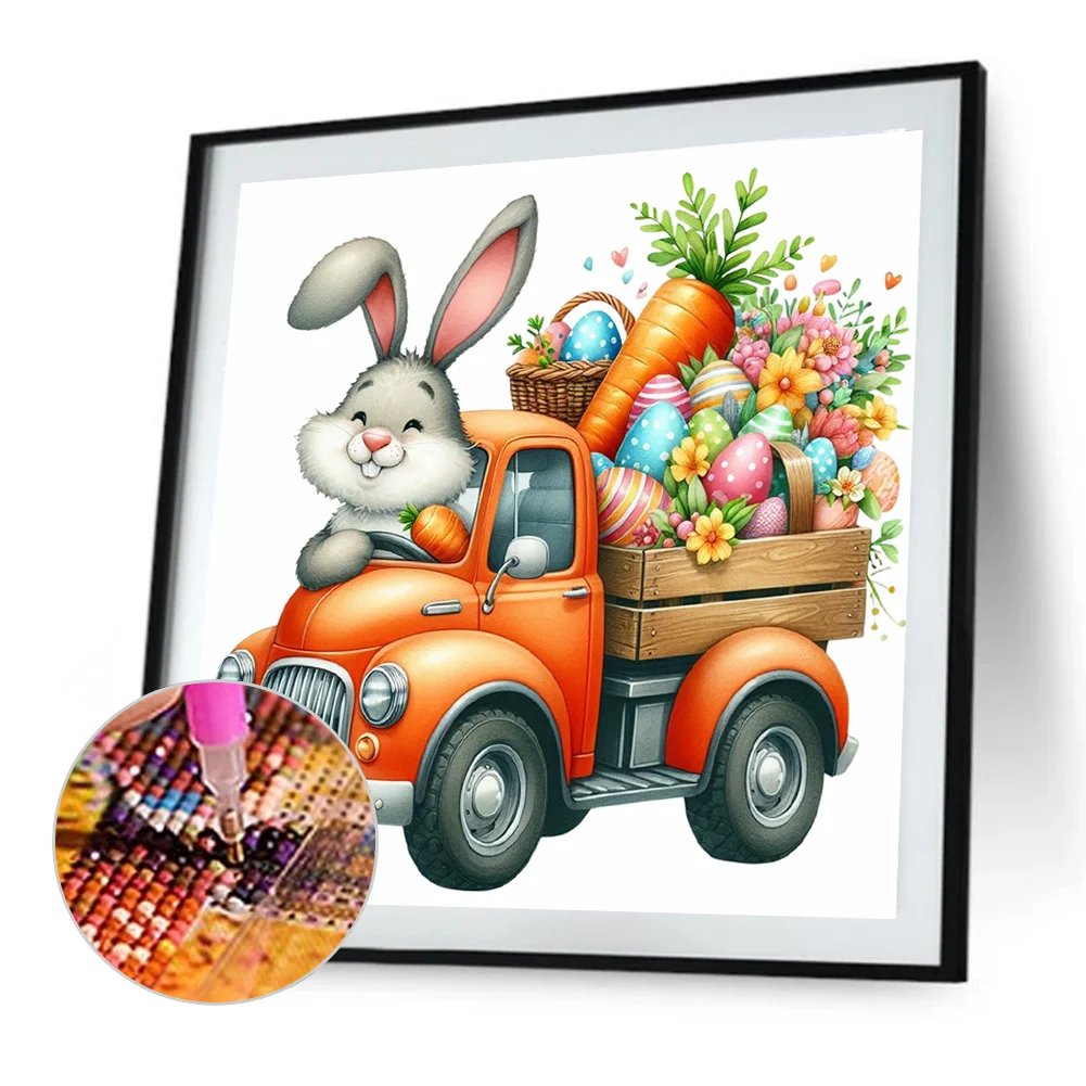 Diamond Painting - Full Round Drill - Easter Bunny Car(Canvas|40*40cm)