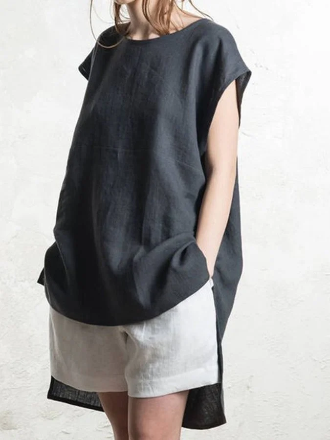 Solid Crew Neck Irregular Hem Sleeveless Casual Vest