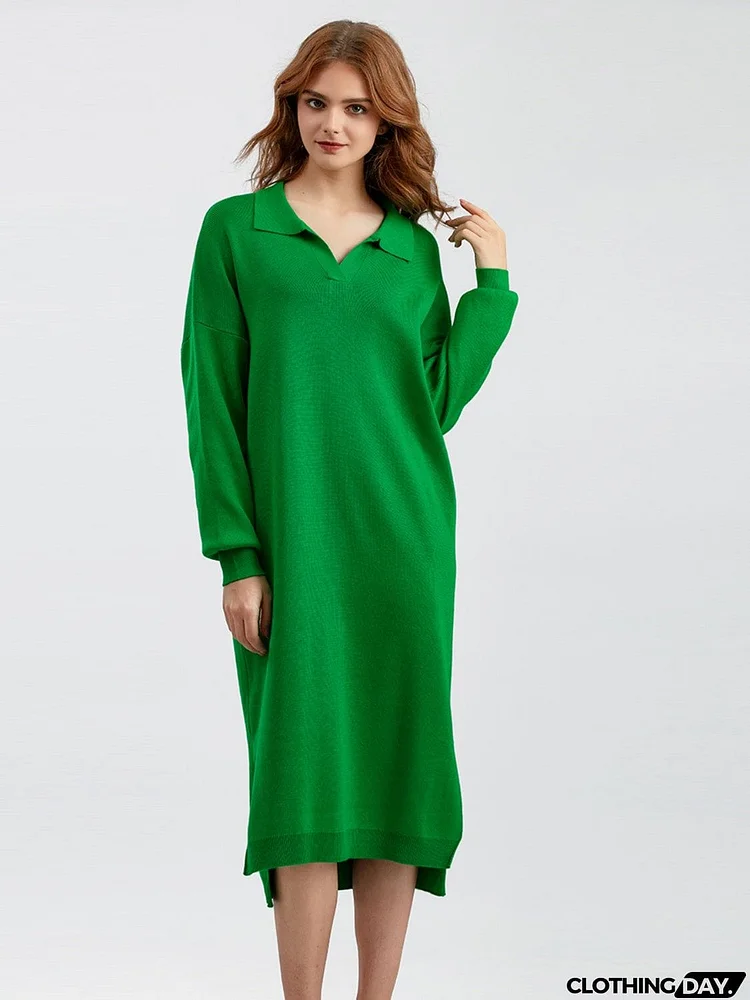 Johnny Collar Long Sleeve Slit Sweater Dress