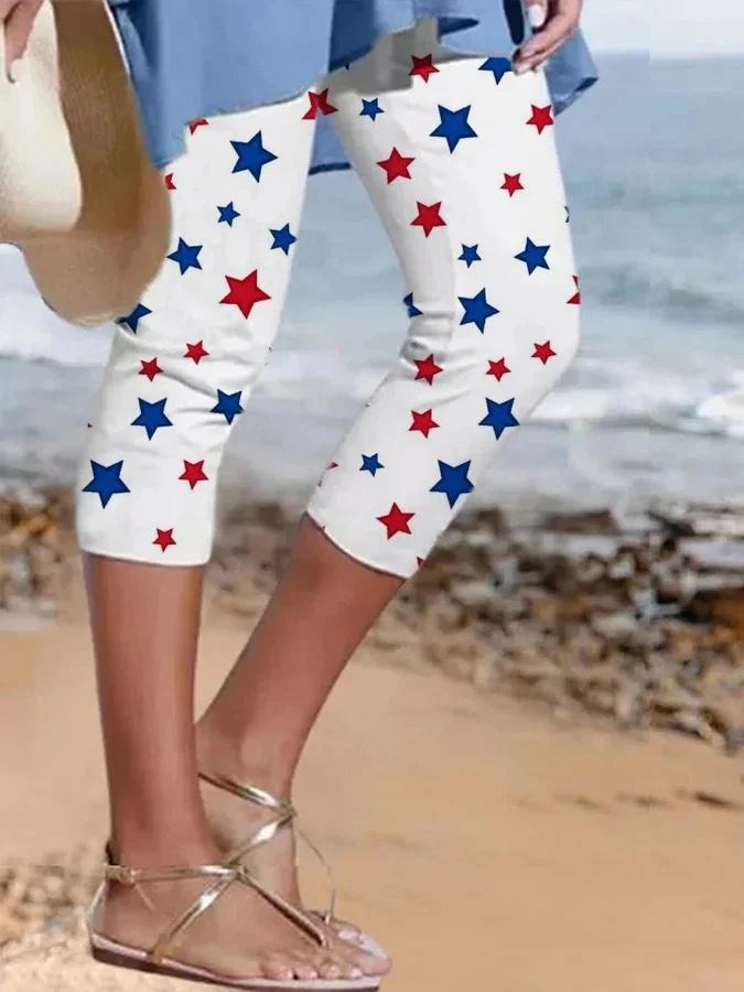 Women's Red Blue Stars Print Cropped Leggings