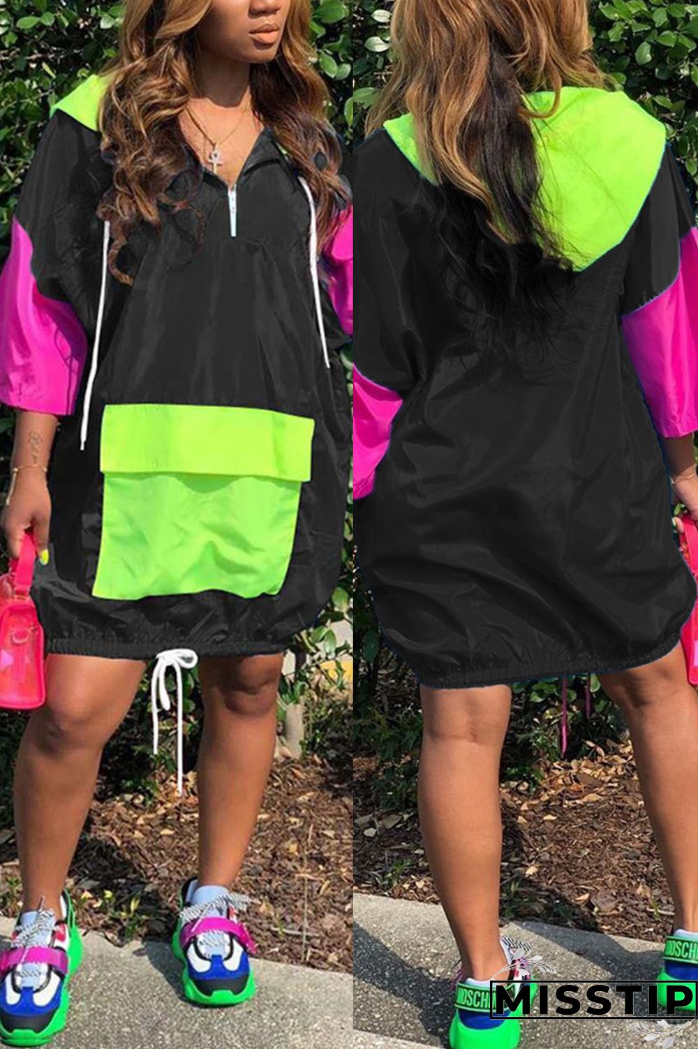 blue and green and Rose-carmine OL hooded Patchwork Solid Stitching Plus Size