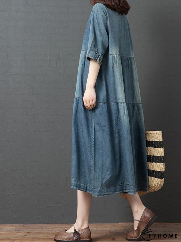 Denim Dress Casual Dress Midi Dress Denim Fashion Casual Daily Vacation V Neck Button Pocket Half Sleeve Summer Spring Fall Loose Fit Blue Dark Gray Plain M L XL 2XL for Women | IFYHOME