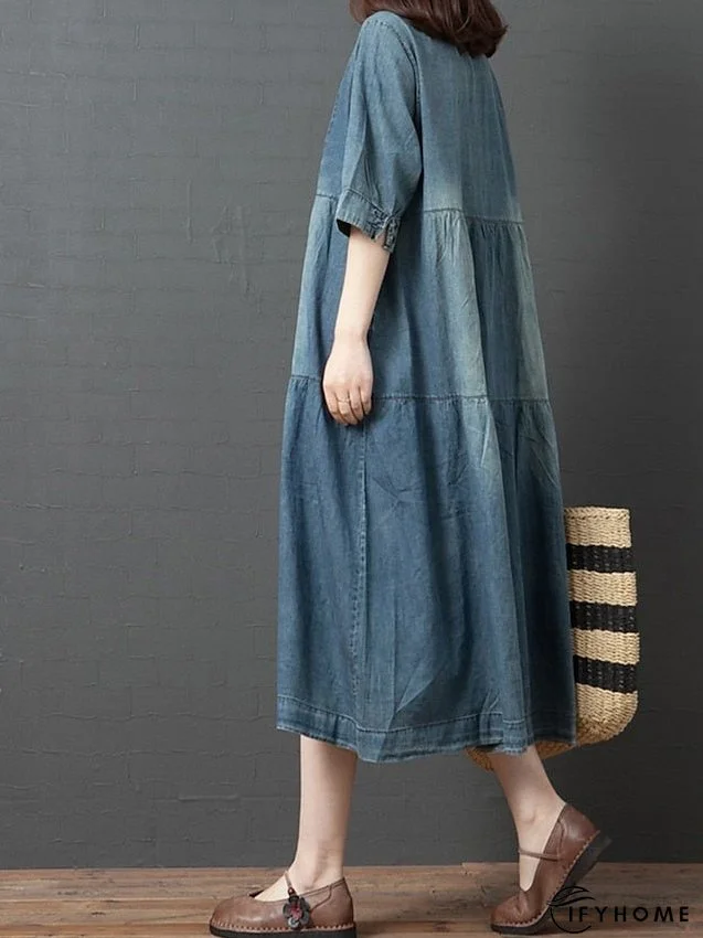 Denim Dress Casual Dress Midi Dress Denim Fashion Casual Daily Vacation V Neck Button Pocket Half Sleeve Summer Spring Fall Loose Fit Blue Dark Gray Plain M L XL 2XL for Women | IFYHOME