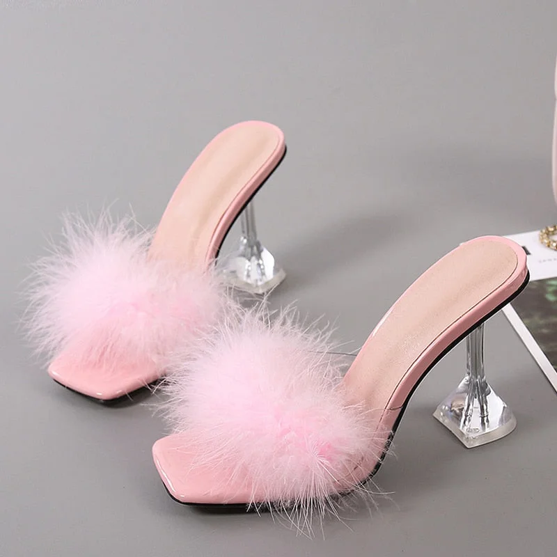 Summer Woman Pumps Transparent Perspex High Heels Fashion Color Feather Fur Peep Toe Mules Slippers Ladies Slides Shoes Sandals