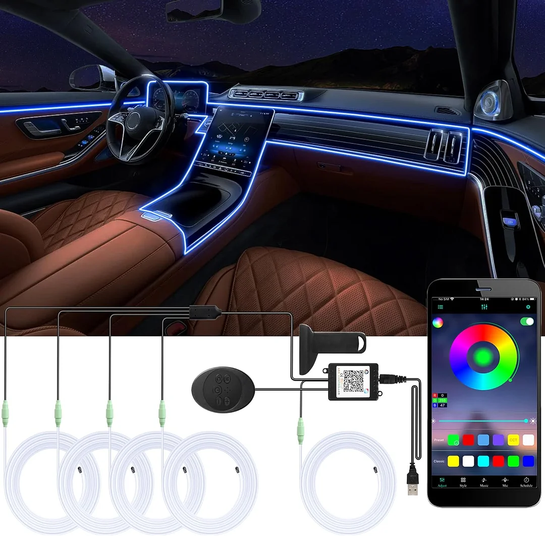 شريط إضاءة LED RGB للسيارة 5 في 1 مع التحكم عبر التطبيق، مجموعة إضاءة محيطة LED، ملحقات نيون USB لديكور الإضاءة الداخلية للسيارة