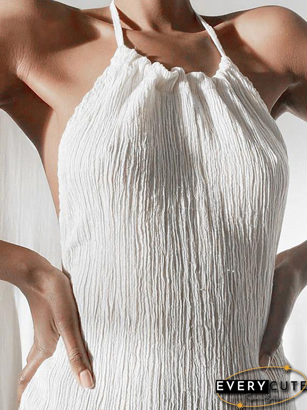 Solid Halter Sleeveless Ruffle Split Long Dress Female Sexy Backless Stylish Party Summer