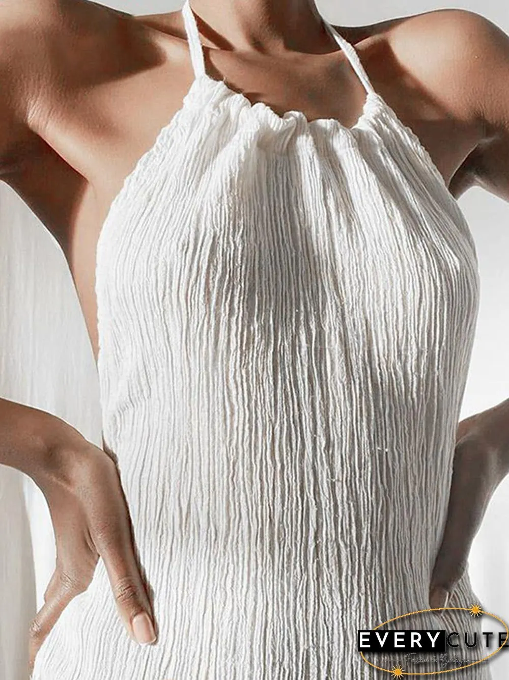 Solid Halter Sleeveless Ruffle Split Long Dress Female Sexy Backless Stylish Party Summer