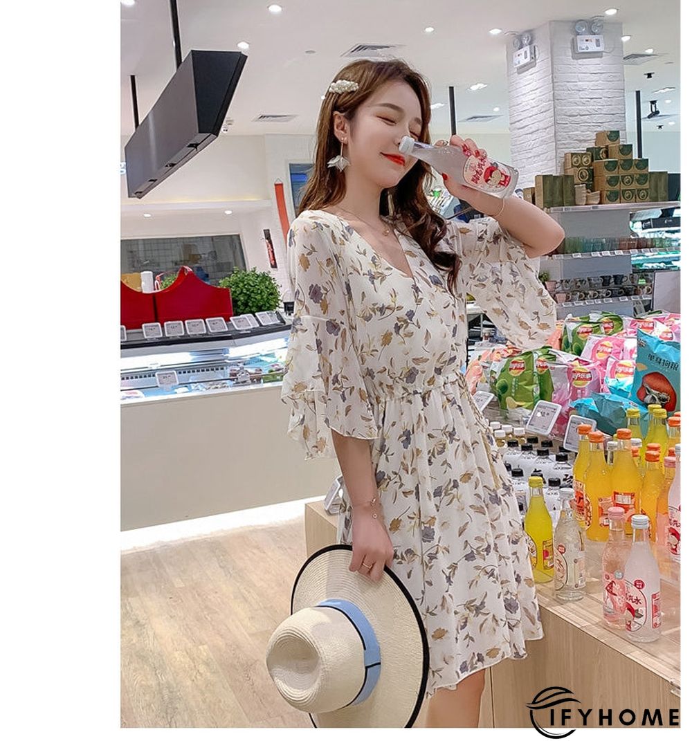 Spring Summer Chiffon Women V-Neck Floral Print Short Dresses Sweet Ruffle Sleeeve Slim Drawstring Ladies Dress | IFYHOME