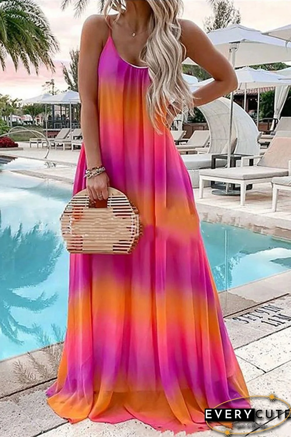 Bohemian Gradient Color Sling Maxi Dress