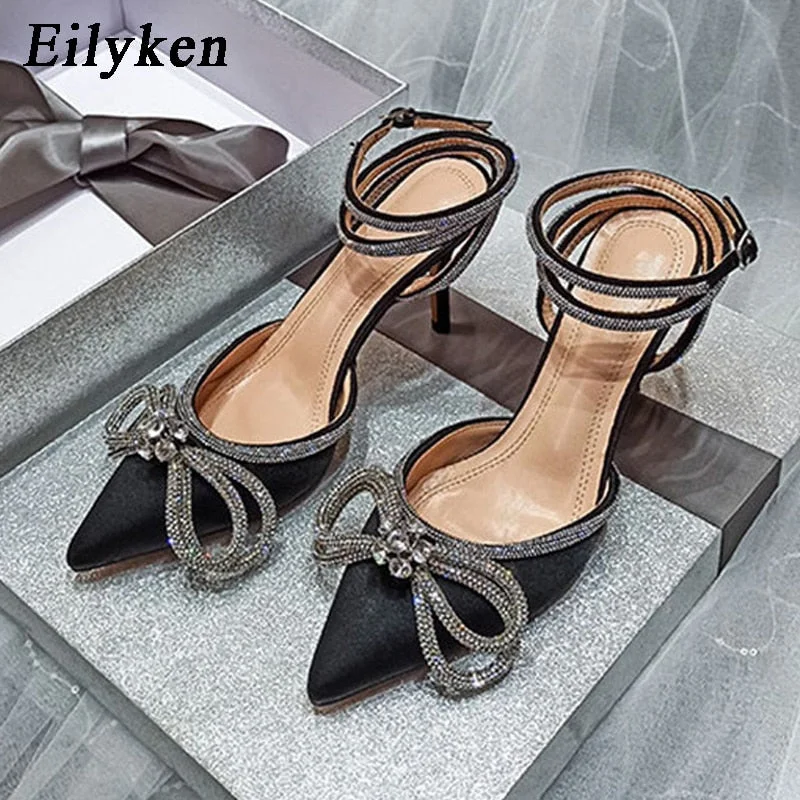 Eilyken Style Glitter Rhinestones Silk Women Pumps Crystal bowknot Satin Spring Autumn Lady Shoes High heels Party Prom Shoes