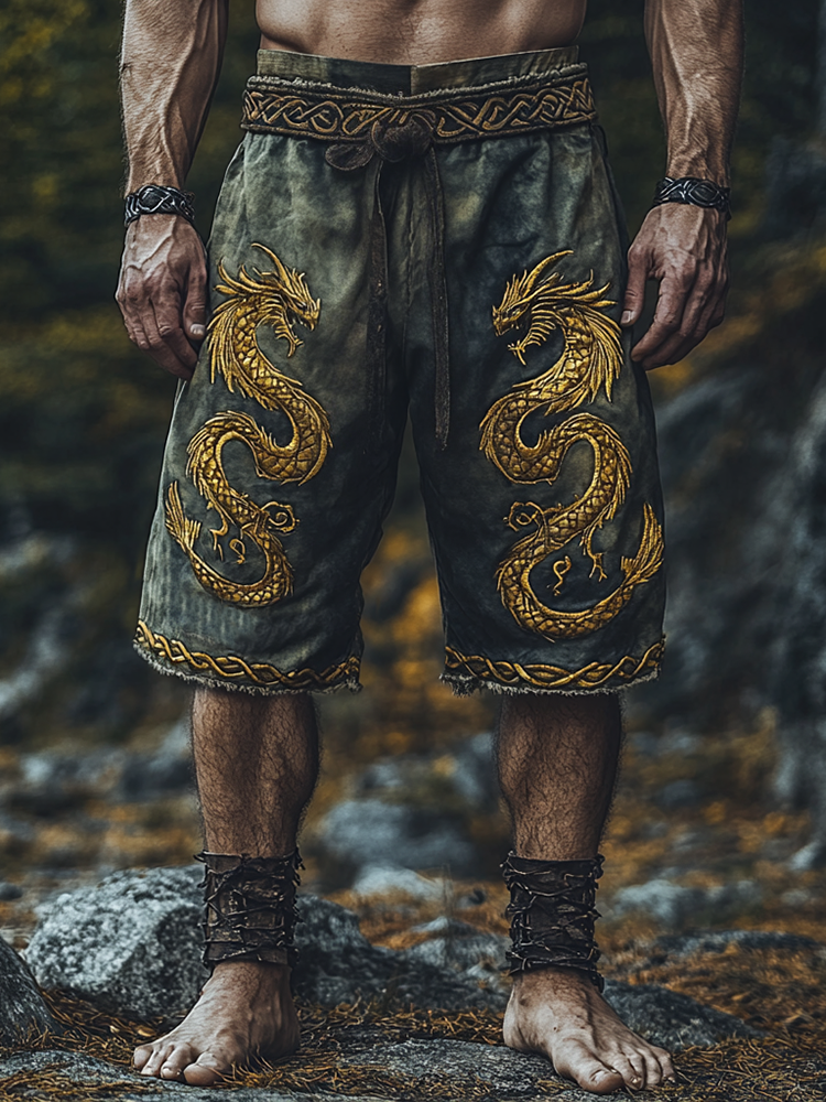 Men's Viking Rune Golden Dragon In Celtic Knot Print Sports Shorts / Rvogue / Rvogue