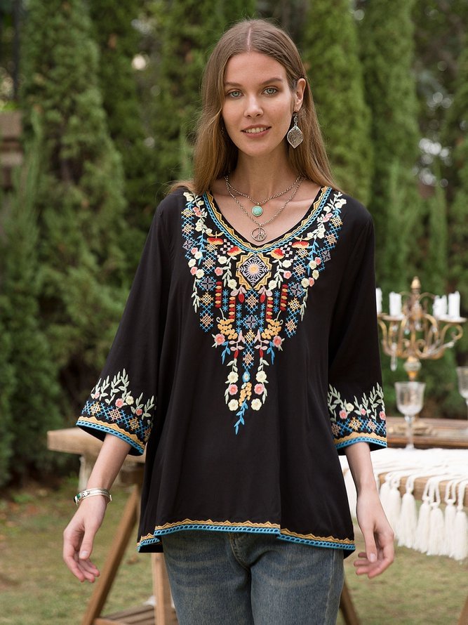 Women Tribal Long Sleeve Cotton Floral Blouse