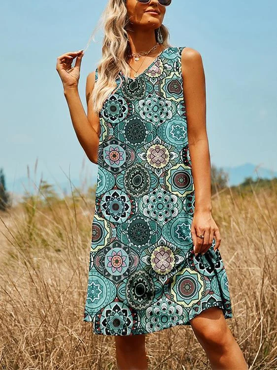 Women's V-neck Sleeveless Printed Midi Dress