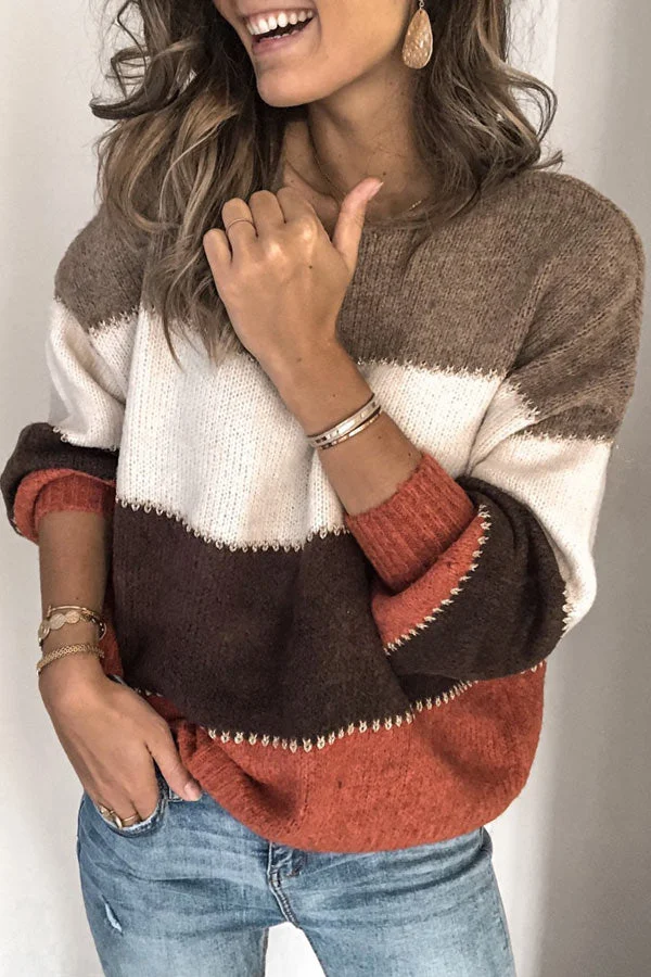 Casual Color Patchwork Round Neck Sweater