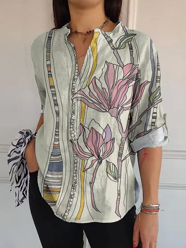 Women's Retro Floral Colorful Print Casual Long Sleeve Comfortable Cotton Shirt