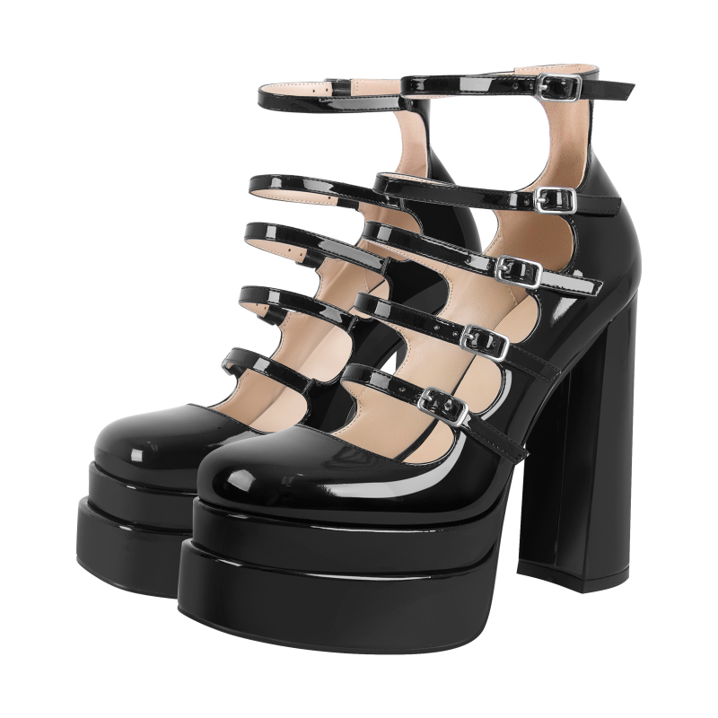 Party Buckle Straps Patent Leather Platform Pumps