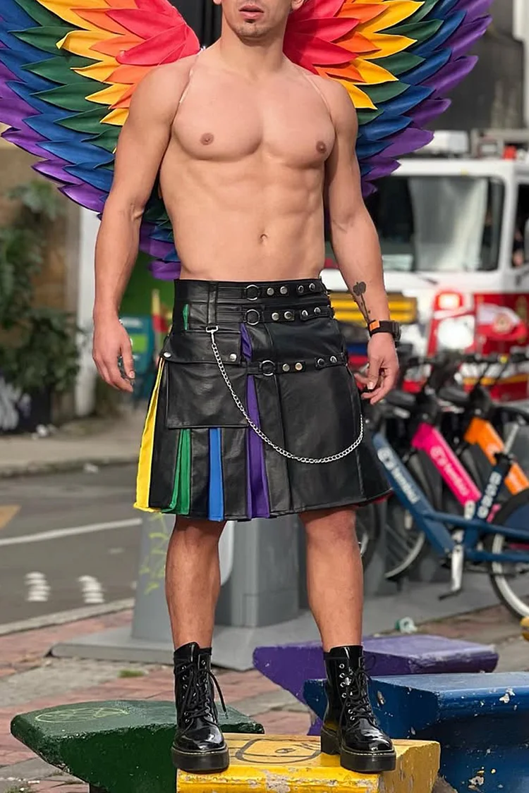 Men's PU Leather Rainbow Patchwork Studded Pleated Pride Festival Skirt