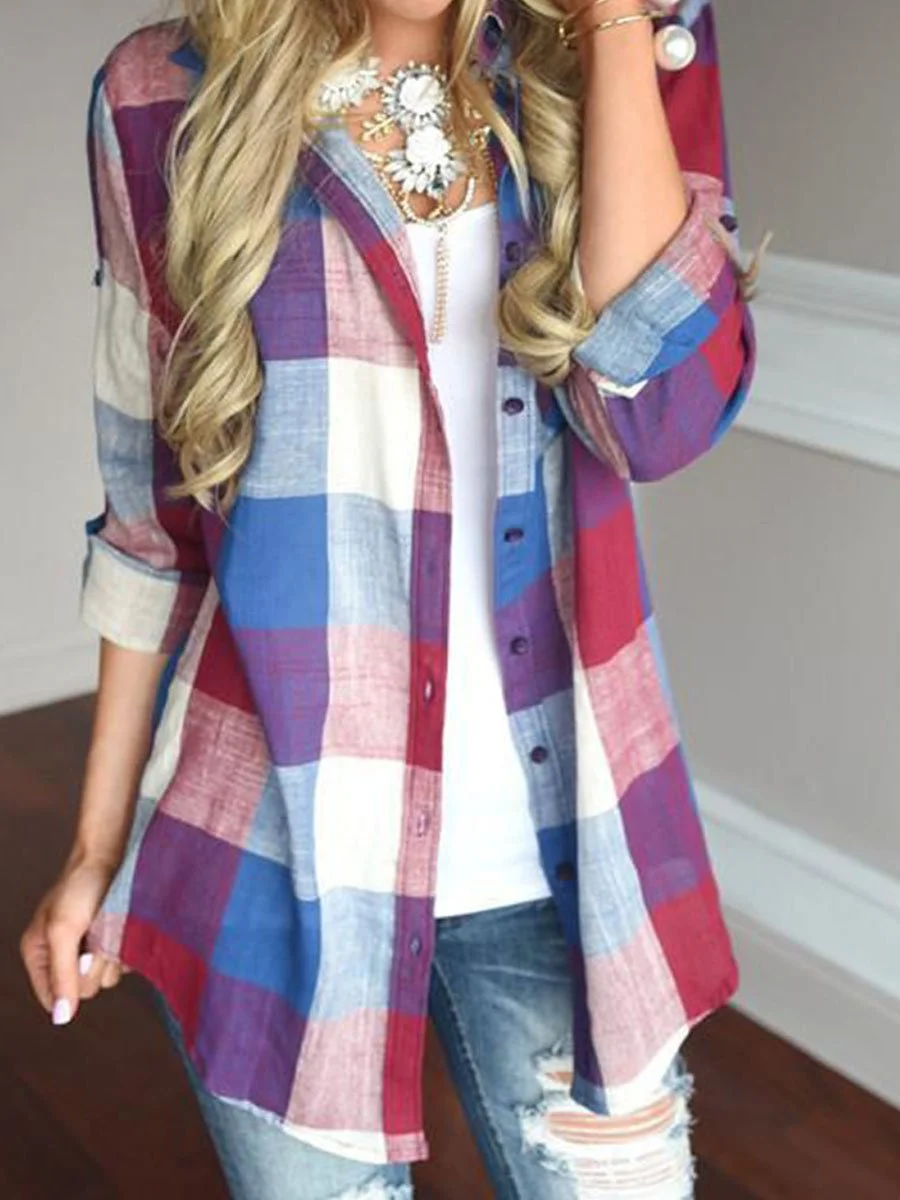 Lapel Plaid Casual Blouse