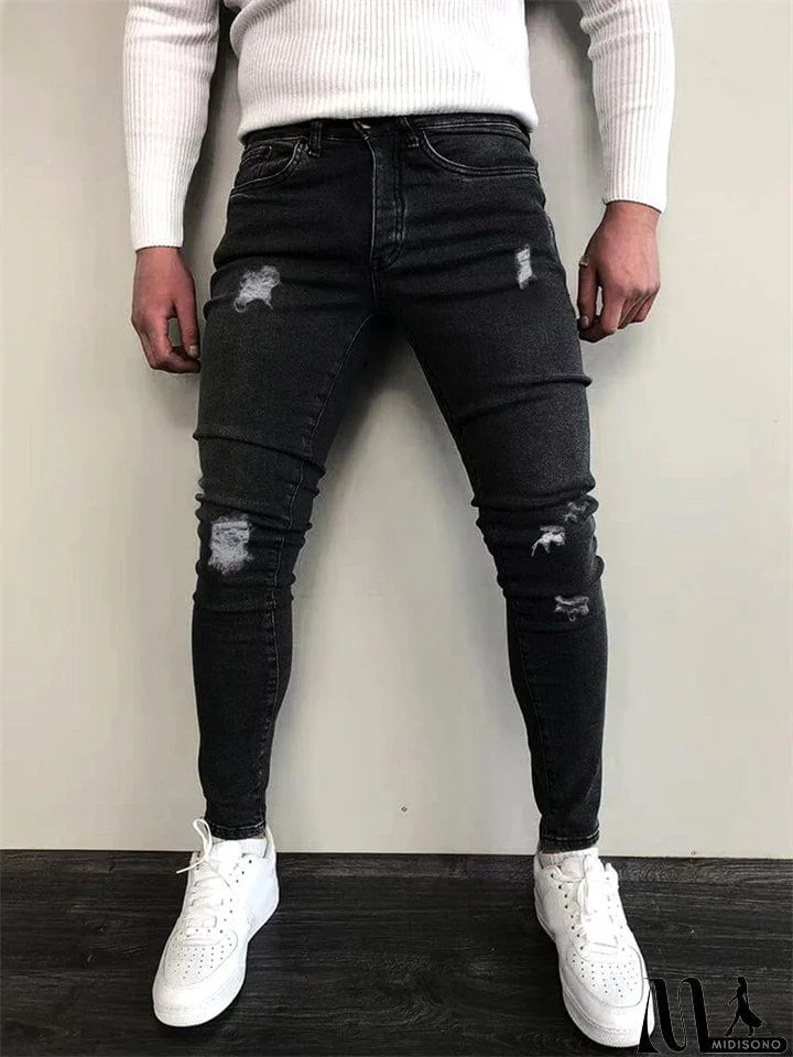 Male Hip-hop Fitting Black Mid-rise Hole Jeans