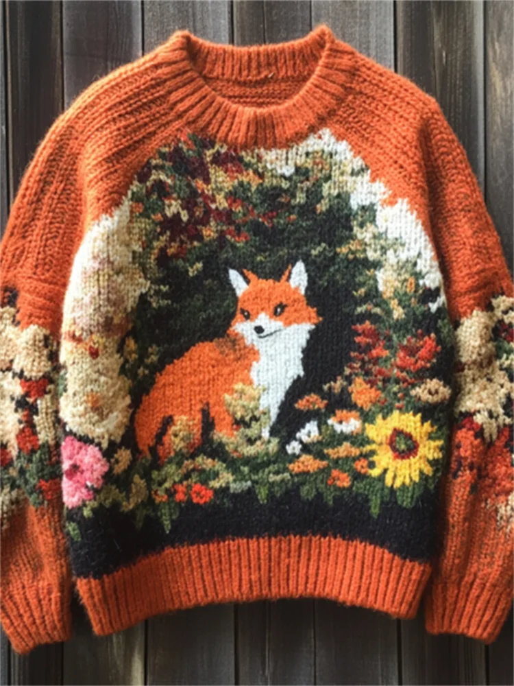 Forest Fox Among Flowers Cozy Knit Sweater