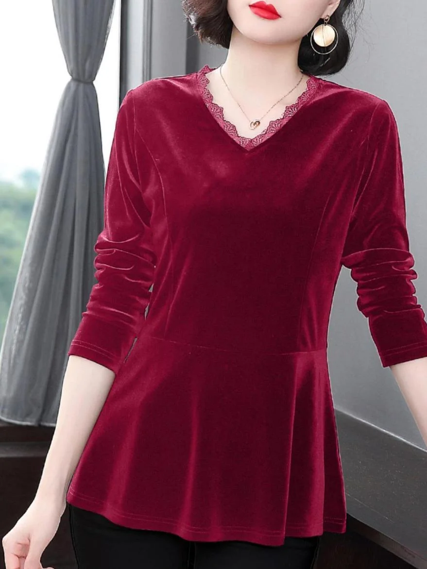 V-Neck Long-Sleeved Velvet T-Shirt