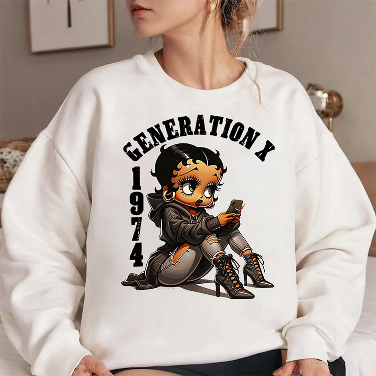 Betty Boop in brown hoodie, Generation X T-shirt, Sweatshirt