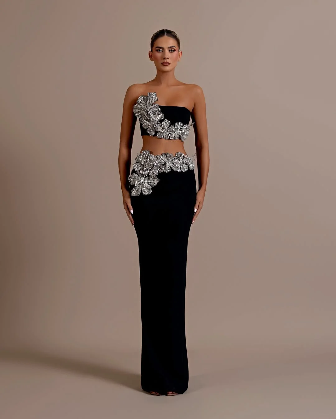 Daisda Black Sleeveless Strapless Square Mermaid Beads Prom Dress 