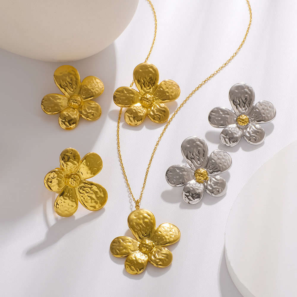 Multicolor Flower Jewelry Set Stainless Steel 18K Real Gold Pleated Women'S Necklace Earrings Ring