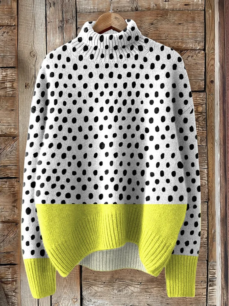 Geometric Color Block And Polka Dot Art Printed Knit Turtleneck Pullover Sweater