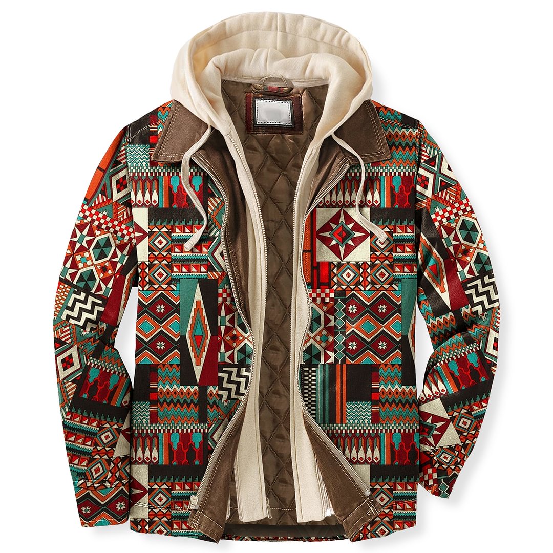 Men's Autumn & Winter Outdoor Casual Vintage Ethnic Print Hooded Jacket、、URBENIE