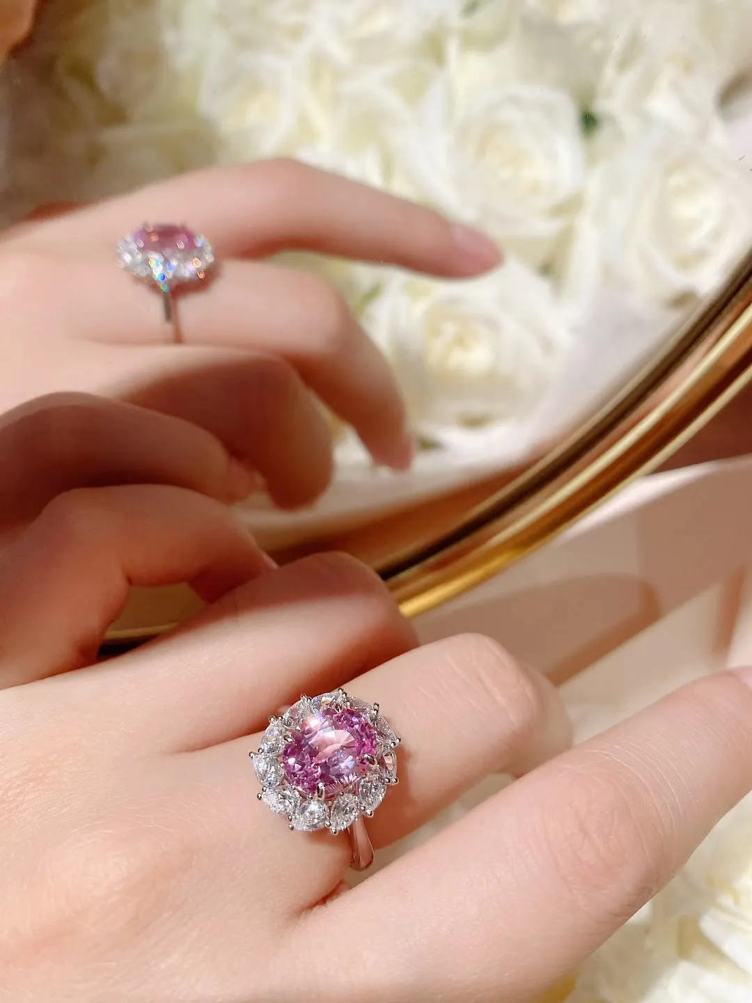 100% 925 Sterling Silver Sparkling 3 Carats padparadscha Pink High Opal Diamond Wedding Rings for Women Party Fine Jewelry Gift