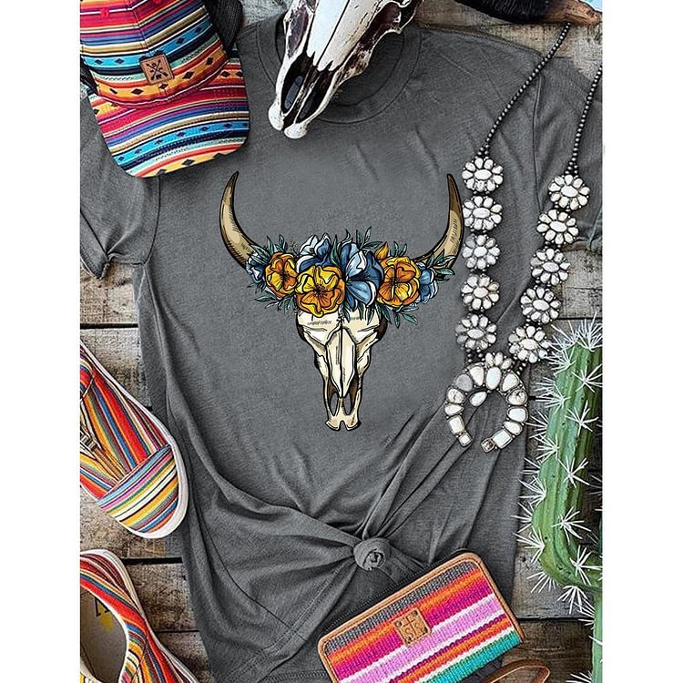 ANB - Western style cow head Retro Tee-05789