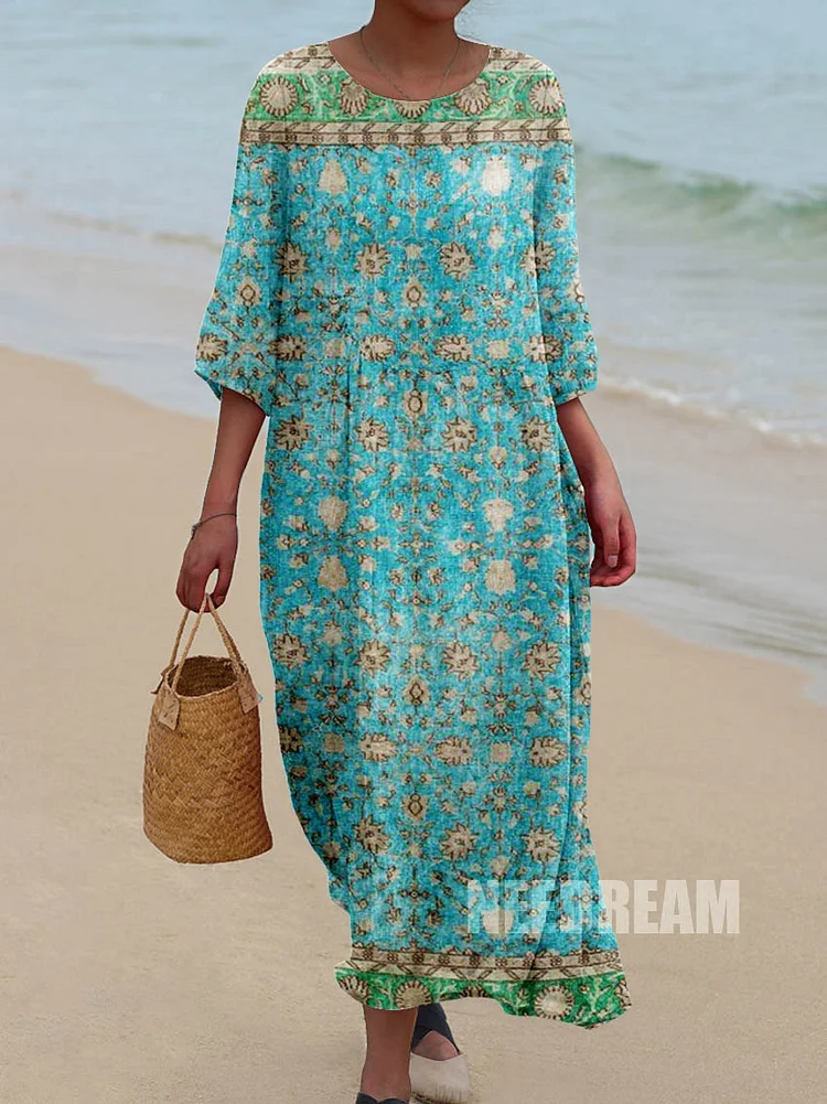 Womens Retro Art Texture Pattern Pocket Cotton Dress