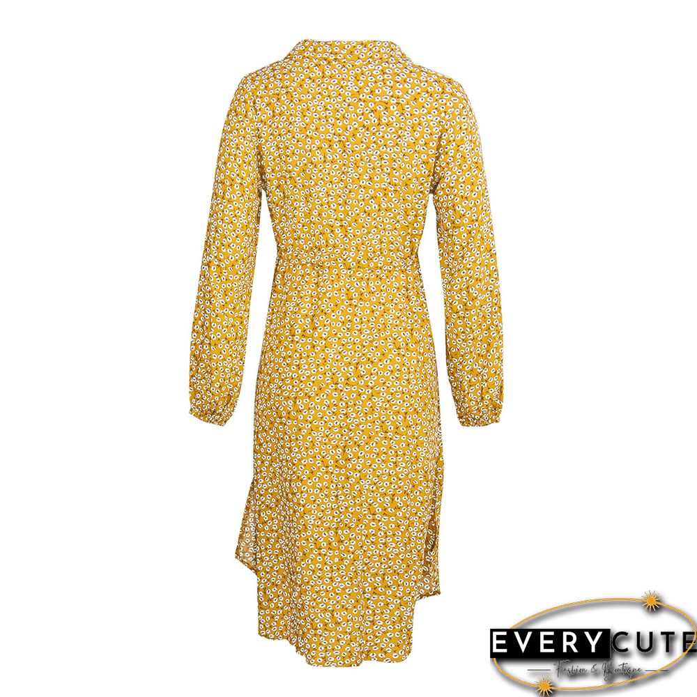 Yellow Floral Print Button Tie Waist Shirt Dress