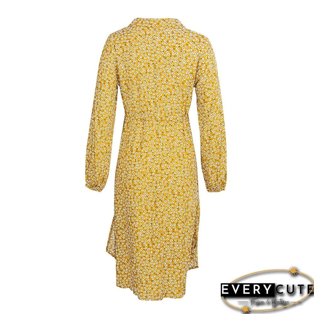 Yellow Floral Print Button Tie Waist Shirt Dress