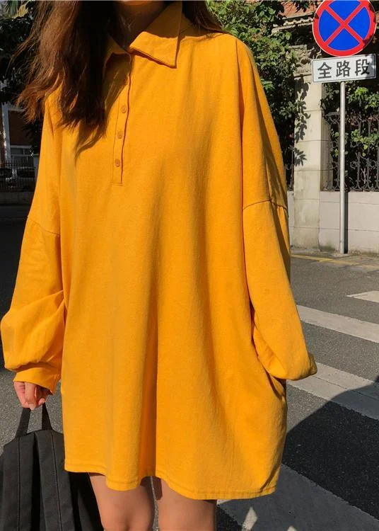 French Turn-down Collar Spring Quilting Dresses Neckline Yellow Dress