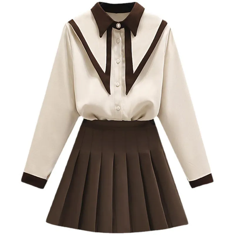 Lapel Shirt Pleated Skirt Two Piece Set