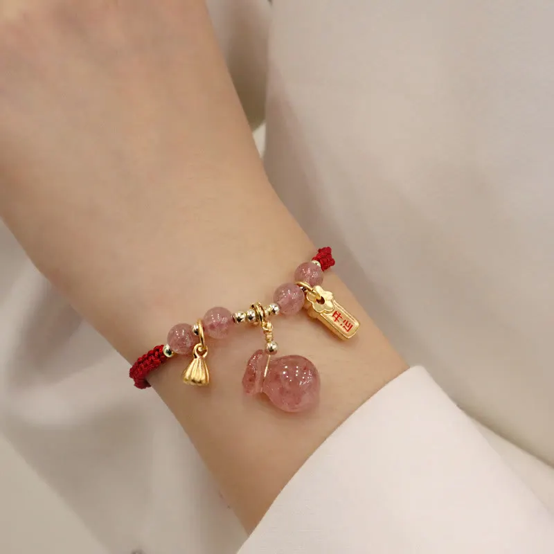 Strawberry Quartz Money Bag Lotus Healing Charm Red String Braided Bracelet